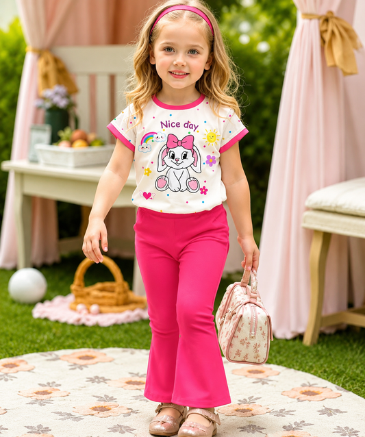 Girls' Bunny Print T-Shirt & Flared Pant Set (2yrs -12yrs)