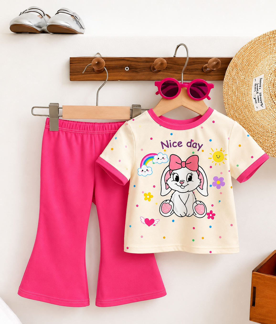 Girls' Bunny Print T-Shirt & Flared Pant Set (2yrs -12yrs)