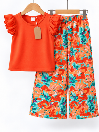 Girls Premium Short Sleeve Top & Printed Wide Leg Pant Set (2yrs -12yrs)