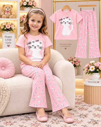 💖 Cute Cat Girls Night Suit Set (2yrs -12yrs)