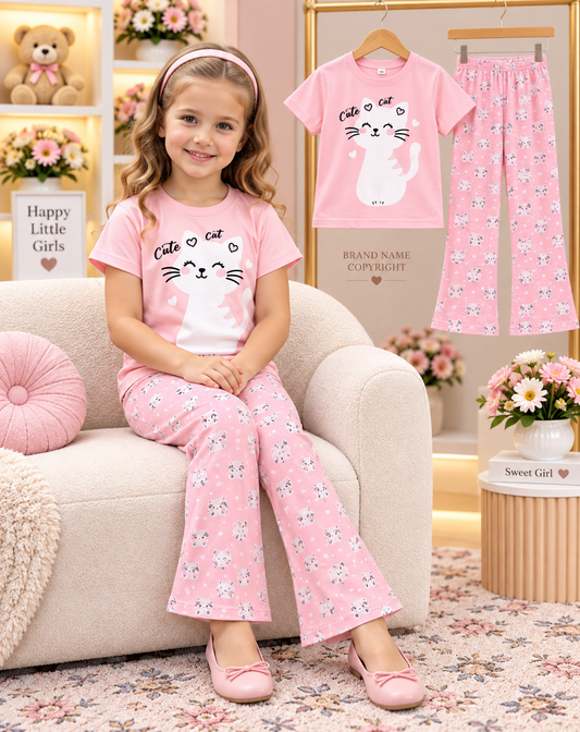 💖 Cute Cat Girls Night Suit Set (2yrs -12yrs)
