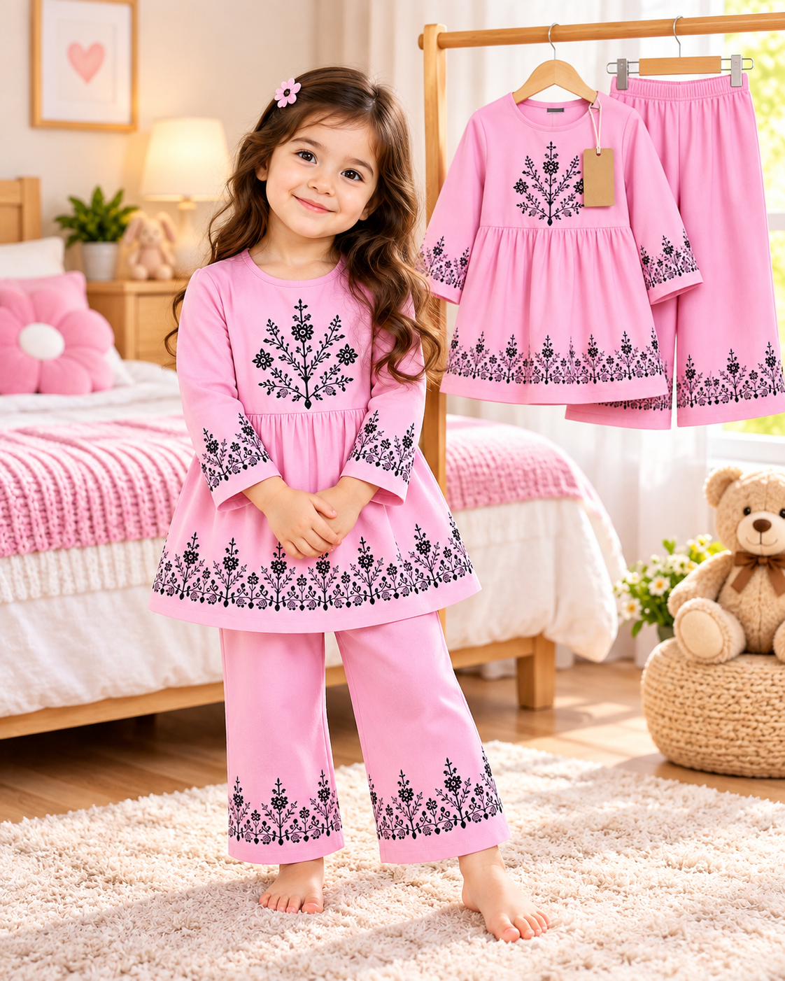 Pink Floral Outfit in a Cosy Bedroom(1yrs-12yrs)