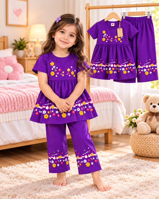 Purple Floral Outfit in a Cosy Bedroom(1yrs-12yrs)