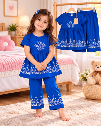 Cheerful Blue Botanical Outfit Bedroom Portrait (1yrs-12yrs)