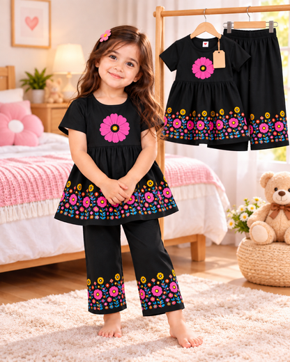 Floral Black Outfit in a Cosy Bedroom (1yrs-12yrs)